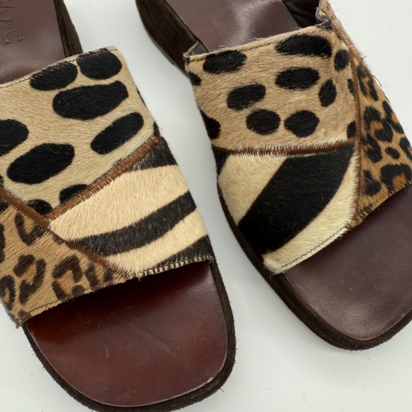 Vintage Isaac Mizrahi Italy Animal Print Fur Wedge Slides 10B Suede Leather Y2K - Picture 7 of 8